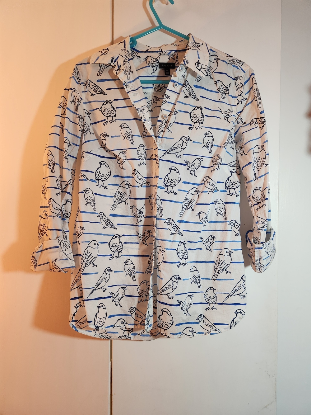Talbots White Shirt with Blue Bird & Stripe Print